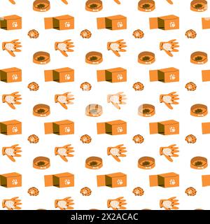 Cartoon dogs and equipment seamless pattern. Cute doodle poodle, terrier and bulldog home pets with supplies, toys, bed, bowl, food and leash, towel. Stock Vector