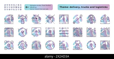 Supply chain, logistic, delivery. Vector line icon set with gradient background. 24 signs - 48x48 px (editable stroke, pixel perfect) and 300x300 px. Stock Vector