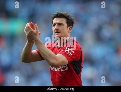 Harry Maguire of Manchester United claps fans ahead of kick off, during the Emirates FA Cup Semi-Final match Coventry City vs Manchester United at Wembley Stadium, London, United Kingdom, 21st April 2024  (Photo by Gareth Evans/News Images) Stock Photo