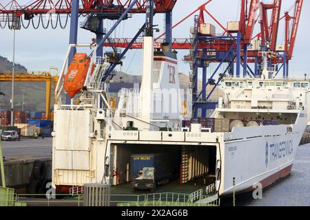 Cargo ship, Motorways of the Sea, RORO vessel with ramp. Port of Bilbao, Biscay, Basque Country, Spain Stock Photo