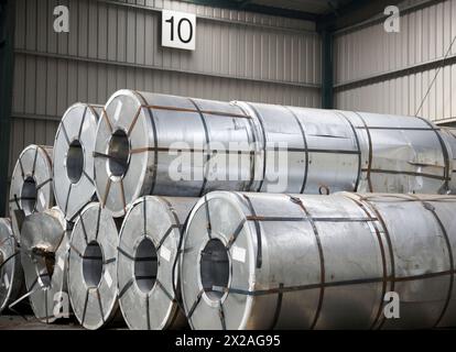 Rolls of sheet steel. Port of Bilbao, Biscay, Basque Country, Spain Stock Photo