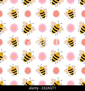 Vector cute cartoon seamless pattern with bees and flowers. Funny bees background. Vector flat illustration. Stock Vector