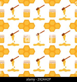 Seamless Pattern with honeycomb geometric hexagonal, honey jar and dipper spoon on white background. Simple Doodle design. Vector flat illustration. Stock Vector