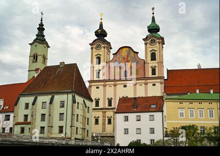 Colorful old buildings and church in Steyr Austria Stock Photo