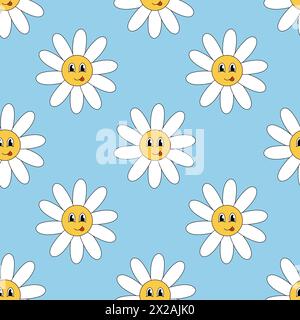 70’s cute seamless smiling daisy repeat pattern with flowers. Floral ...