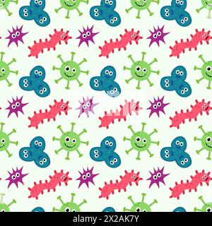 Seamless Pattern with Cute cartoon characters virus, bacteria, microbe. Microbiology organisms funny face wallpaper. Mascot expressing emotion Stock Vector