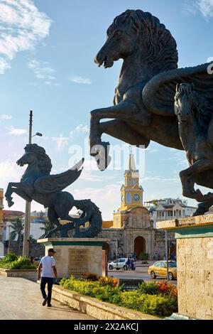 Torre del Reloj, Muelle de los Pegasos, Bah√≠a de las Animas, Cartagena de Indias, Bolivar, Colombia, South America Stock Photo