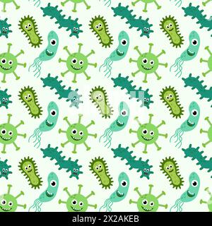 Seamless Pattern with Cute cartoon characters virus, bacteria, microbe. Microbiology organisms funny face wallpaper. Mascot expressing emotion Stock Vector