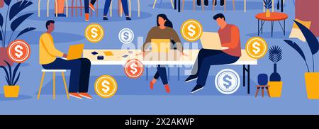 mix race businesspeople working in creative co-working center young men women freelancers team using laptops in modern office Stock Vector