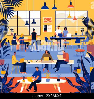 mix race businesspeople working in creative co-working center young men women freelancers team using laptops in modern office Stock Vector