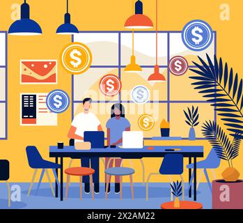mix race businesspeople working in creative co-working center young men women freelancers team using laptops in modern office Stock Vector