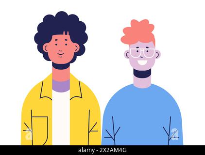 couple in casual clothes standing together young men portrait horizontal Stock Vector