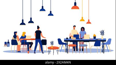 mix race businesspeople working in creative co-working center young men women freelancers team using laptops horizontal Stock Vector