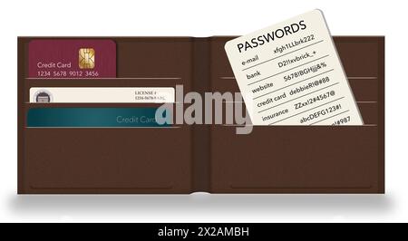 Carrying your passwords in your wallet may not be safe but it is a convenient way to have access to your accounts instantly. This is a 3-d illustratio Stock Photo