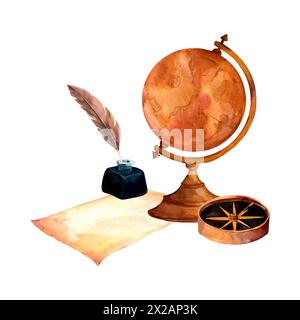 Vintage letters and navigation tools. Compass, an antique globe and envelope. Writing set watercolor illustration in for stickers, travel advertising, Stock Photo