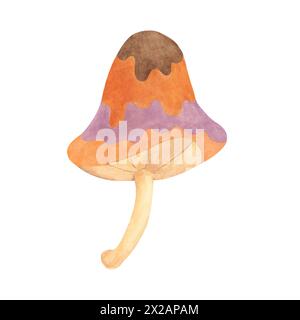 Hippie psychedelic magic mushroom in 70s style. Vintage groovy toadstool nostalgic clipart. Watercolor fairytale fungus funky illustration for printing, trippy stickers, flyers, indie t-shirts, labels Stock Photo