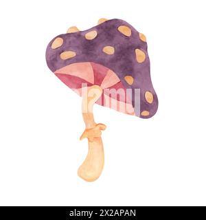 Hippie psychedelic magic mushroom in 70s style. Vintage groovy fly agaric nostalgic clipart. Watercolor fairytale fungus funky illustration for printing, trippy sticker, flyers, indie t-shirts, labels Stock Photo