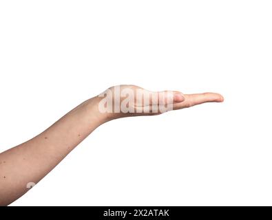 Showing something empty, blank, space on hand palm gesture isolated on white background. Stock Photo