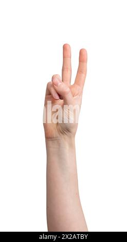 Victory, two fingers sign, hand gesture isolated on white background. Stock Photo