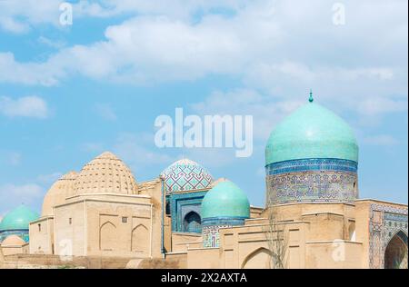 Awesome view of the Shah-i-Zinda Ensemble in Samarkand, Uzbekistan. Mausoleums decorated by blue tiles with designs. The necropolis is a popular touri Stock Photo