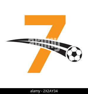 Football Logo On Letter 7 Concept With Moving Football Symbol. Soccer Sign Stock Vector