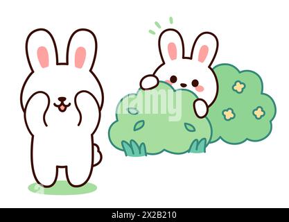 Cute cartoon rabbits playing hide and seek. One bunny counting, another hiding in a bush. Funny vector illustration. Stock Vector