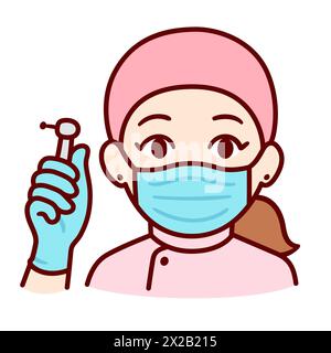 Cute cartoon female dentist in face mask holding a drill. Simple hand drawn doodle, vector character clip art illustration. Stock Vector