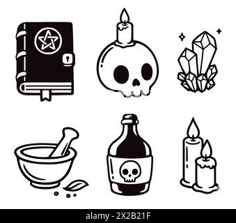 Cartoon spooky dark magic ritual drawings set. Skull, candles, spell book, crystals, potion. Hand drawn black and white doodles. Vector illustration. Stock Vector