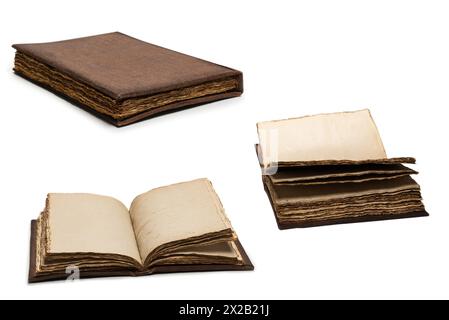 An open empty old notebook isolated on a white background. Copy space. Stock Photo
