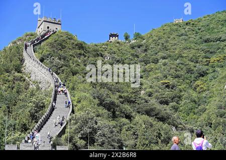 Great Wall of China, near Mutianyu, Beijing, China, Asia, People visiting the famous Great Wall under a blue sky, UNESCO World Heritage Site Stock Photo