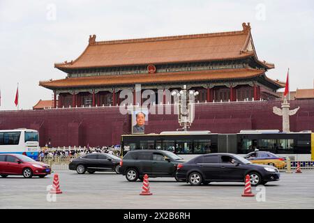 Central Square and the Forbidden City (Palace Museum) in Beijing, Beijing, China, Asia, Busy panorama in front of the Gate of Heavenly Peace with Stock Photo