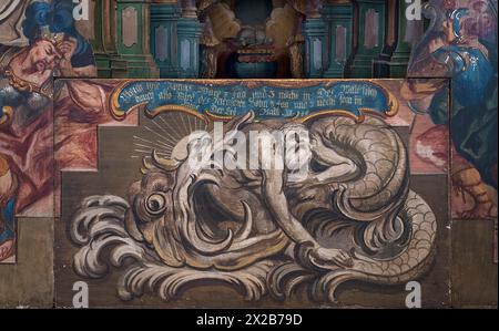 Detail of the Holy Sepulchre, the prophet Jonah, spat out by the great fish, whale, around 1750, St Oswald Church, Baunach, Upper Franconia, Bavaria, Stock Photo