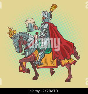 A knight in armor on an armored horse holds a mug of foamy beer. Alcohol menu in a tavern, pub or restaurant. A medieval drink in the modern world. Co Stock Vector