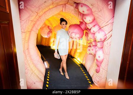 Berlin, Germany. 21st Apr, 2024. Verona Pooth, TV personality and actress, stands in a corridor designed as a colon before the presentation of the Felix Burda Award 2024 at the Adlon Kempinski Hotel. At the gala, the Felix Burda Foundation honors commitment and pioneering research in the field of colorectal cancer prevention. Credit: Christoph Soeder/dpa/Alamy Live News Stock Photo