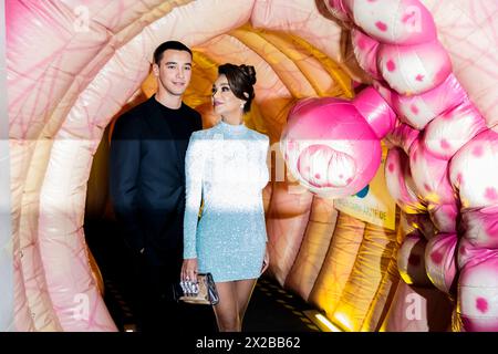 Berlin, Germany. 21st Apr, 2024. Verona Pooth, television personality and actress, stands with her son San Diego Pooth before the presentation of the Felix Burda Award 2024 at the Adlon Kempinski Hotel in a corridor designed as a colon. At the gala, the Felix Burda Foundation honors commitment and pioneering research in the field of colorectal cancer prevention. Credit: Christoph Soeder/dpa/Alamy Live News Stock Photo