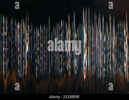 Glitch background. Distortion noise. Orange black color analog frequency display artifact tech wave dark dust night effect grunge abstract. Stock Photo