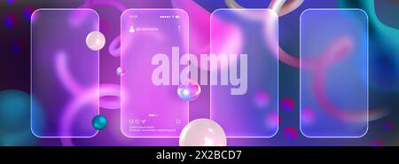 Matte phone screen mockup in glassmorphism style. Realistic set of transparent glass morphism blurred mobile frames or smartphone frosted plates with abstract 3d floating shapes on purple background. Stock Vector