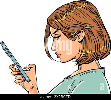 The girl looks seriously at the phone. Communication through social networks. Searching for information on websites. Comic cartoon pop art retro vecto Stock Vector