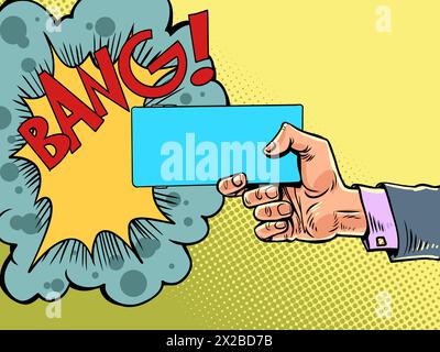 A man's hand holds a blank ticket and shoots from it. Comic book style for advertising design. Breaking Black Friday for customers. Comic cartoon pop Stock Vector