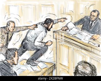 Pastel pencil pen and ink sketch illustration of a courtroom trial setting with defendant leaping at judge with bailiff or security police officer res Stock Photo