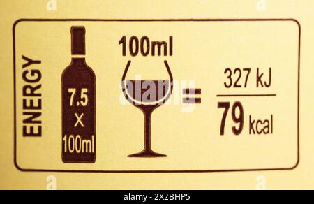 Illustration of the calorie content of a glass of red wine on a bottle label Stock Photo
