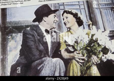 Viersen, Germany - April 5. 2024: Closeup of german movie scene When the White Lilacs Bloom Again from 1953 with Magda Schneider and Willi Fritsch in Stock Photo