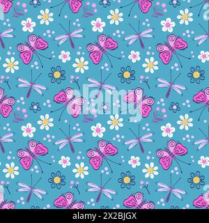Vector seamless pattern of with butterflies and dragonflies. Stylized insects and flowers on a blue background Stock Vector
