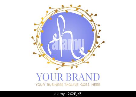 H Letter Lowercase Purple Gold Round Floral Logo Stock Vector