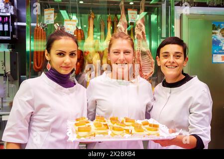 Pintxos, Butcher, Gastro Pote, San Martin market, Donostia, San Sebastian, Basque Country, Spain. Stock Photo