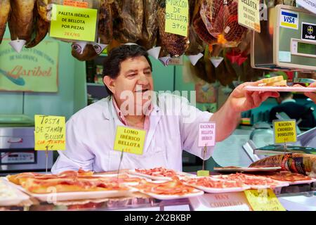 Pintxos, Butcher, Gastro Pote, San Martin market, Donostia, San Sebastian, Basque Country, Spain. Stock Photo