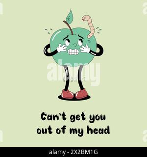 Groovy Cartoon Illustration. The apple trembles with fear, a worm crawls out of it. Cant get you out of my head. Stock Vector