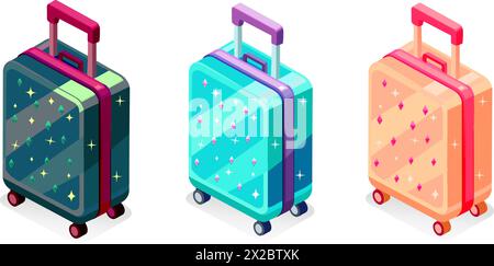 set of suitcases for traveling in a modern fashionable style on a white isolated background Stock Vector