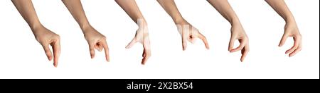 Female hand showing gestures. White palm, arm, fingers in various signs. Concept isolated icon set. Adult woman expressing nonverbal communication. Ab Stock Photo