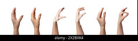 Hand gestures collection. Caucasian woman showing different signs with fingers, palms, arms. Business concept, abstract symbol communication. Isolated Stock Photo